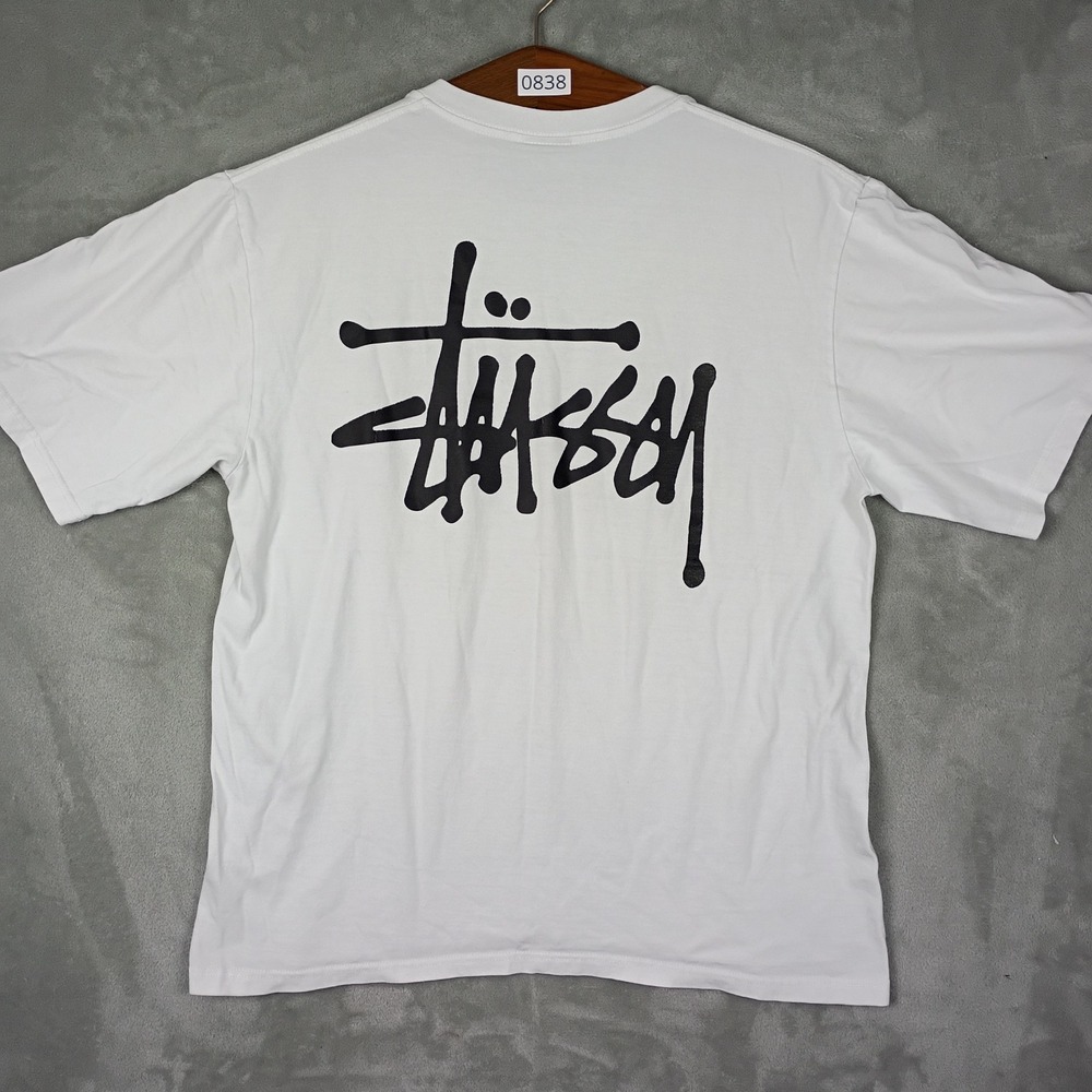 Stussy Graphic T Shirt Mens Large White Logo Print Streetwear Skate Y2K Retro
